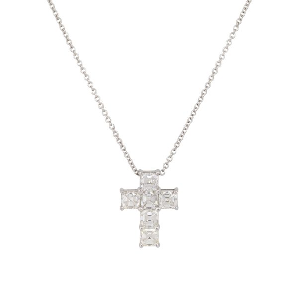 18k White Gold 1.9ct Asscher Cut Diamond Cross Pendant Necklace