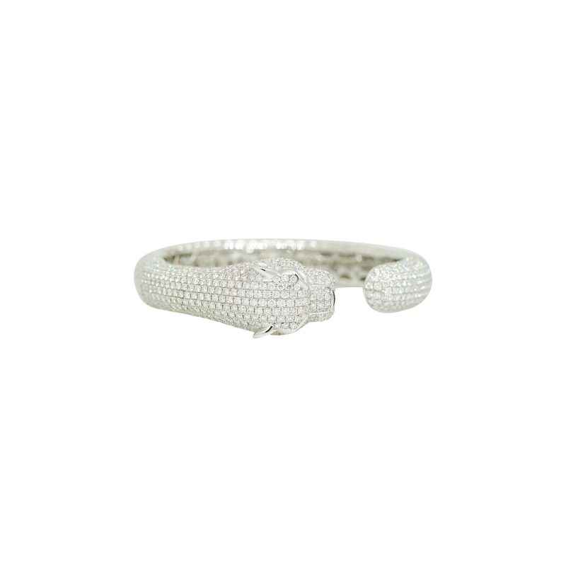 18k White Gold 10.58 Carat Natural Diamond Animal Head & Emerald Cuff Bracelet