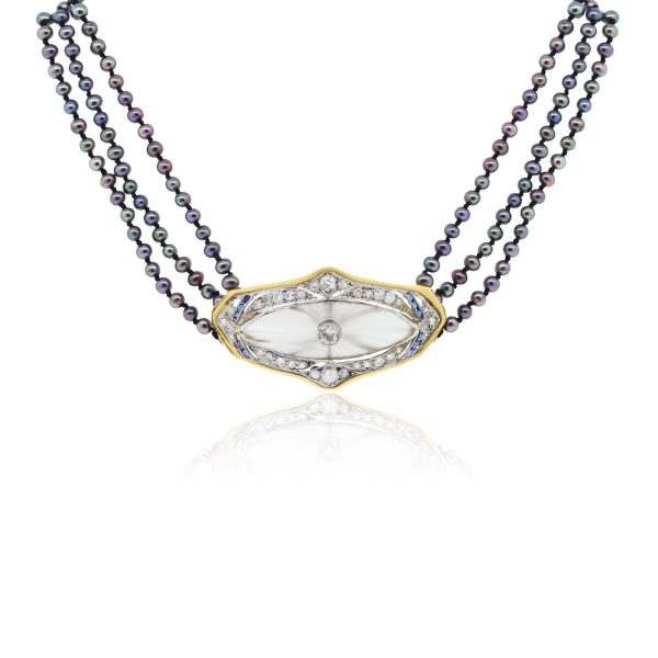 14k Gold 1.50ctw Diamond Tahitian Pearl and Sapphire Necklace