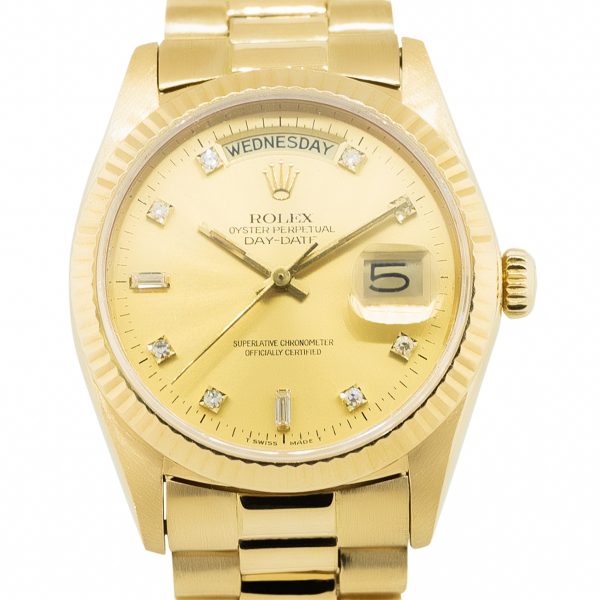 Rolex 18038 Day-Date Diamond Dial Fluted Bezel 18k Yellow Gold President Watch 